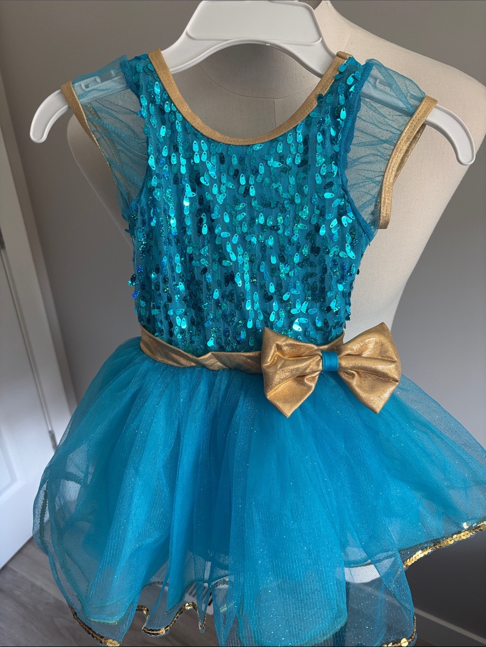 Turquoise Kids Dance Tutu with Gold Bow -